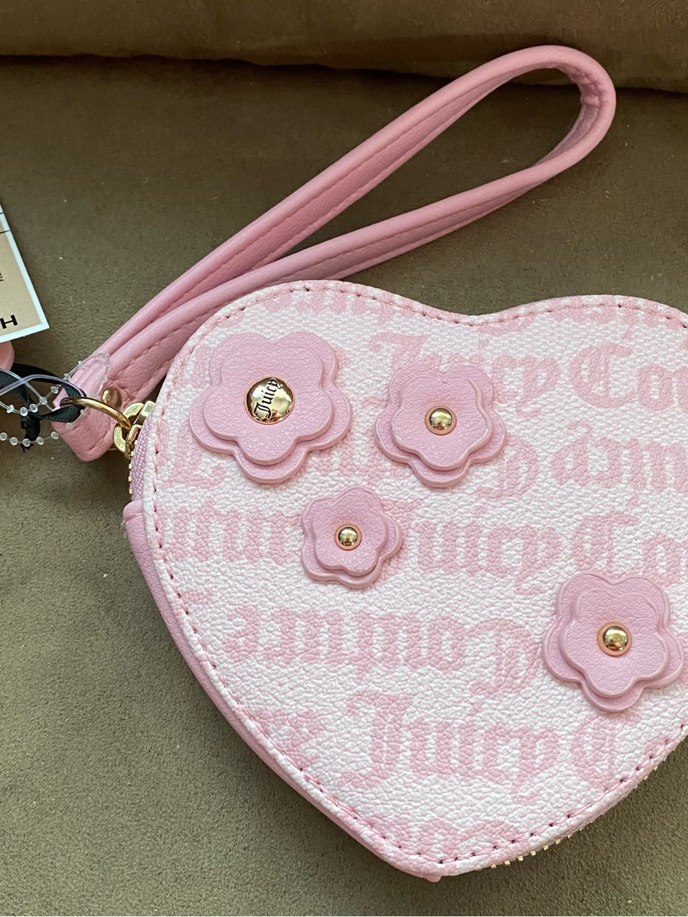 Juicy Couture Pink Heart Wristlet with Floral Applique